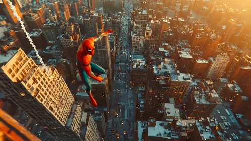 Friendly web-swinging hero soaring above sunset city streets.