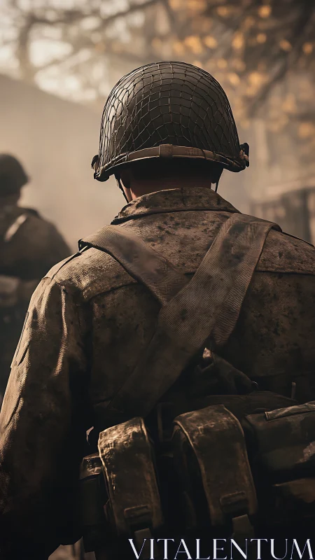 Back view of uniformed soldier in muted battlefield setting.