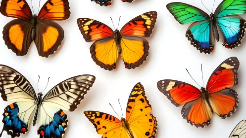 Colorful butterfly specimens arranged on clean white.