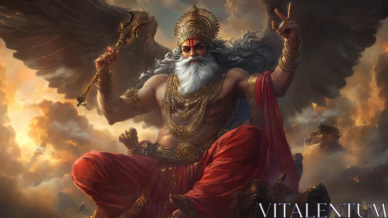 Majestic winged deity soaring through glowing storm clouds.