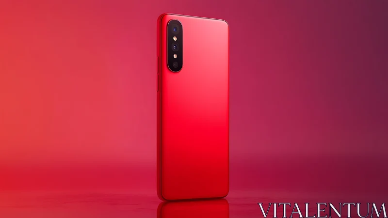 Red smartphone rear view against gradient pink backdrop.