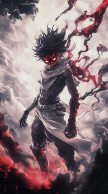 Stormlit dark hero wrapped in swirling red chaos energy.