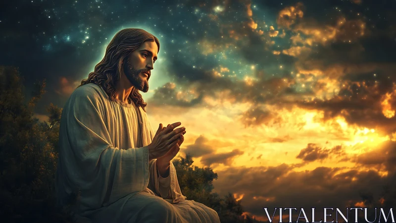 Figure in robes is depicted seated against a luminous sky