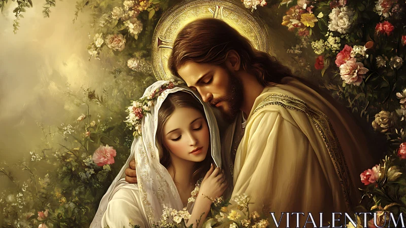 Religious Portrait: Two Figures with Halo and Floral Garden