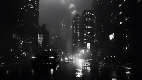 Noir city boulevard under rain with lone idling car.