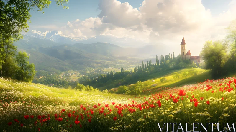 Sunlit alpine valley with tulip meadow and distant hillside chapel