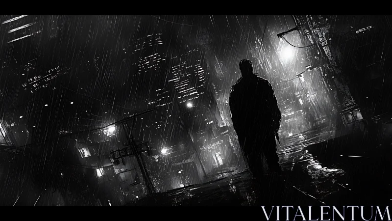 Silhouette stands in rainy night city street with harsh lights