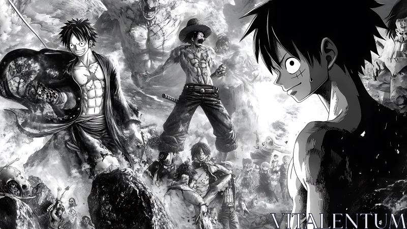 Intense monochrome anime battle collage with heroic focus.