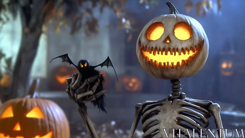 Grinning pumpkin skeleton and bat in spooky yard scene.