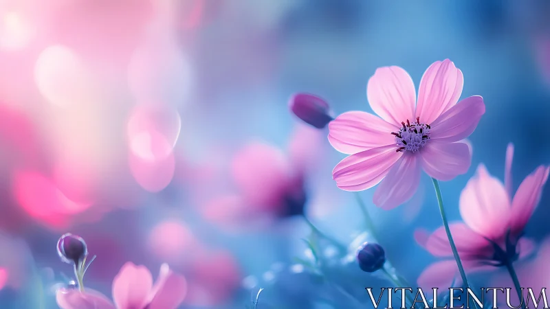Pink Cosmos Flowers in Soft Focus Gradient. Ethereal Botanical Photography.