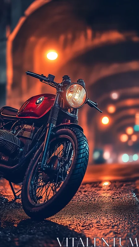 Retro cafe racer motorcycle under neon tunnel illumination.