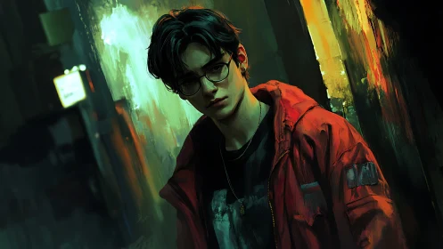 Neon rain leans over a quiet rebel in a red jacket