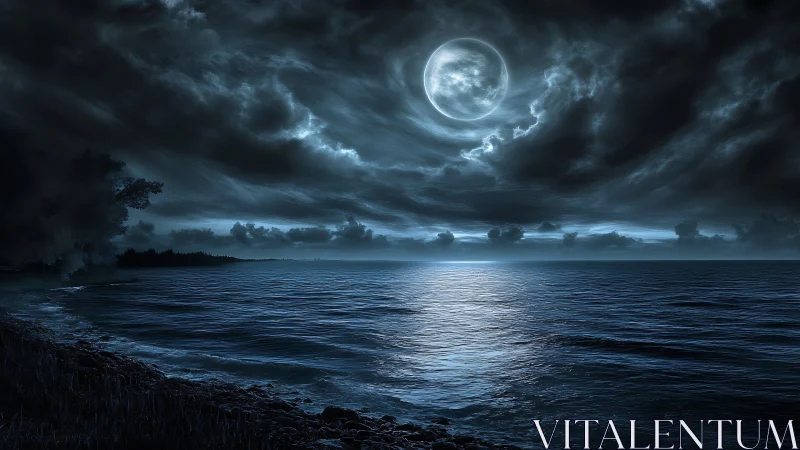 Full moon over dark ocean under dense cloud cover at night.
