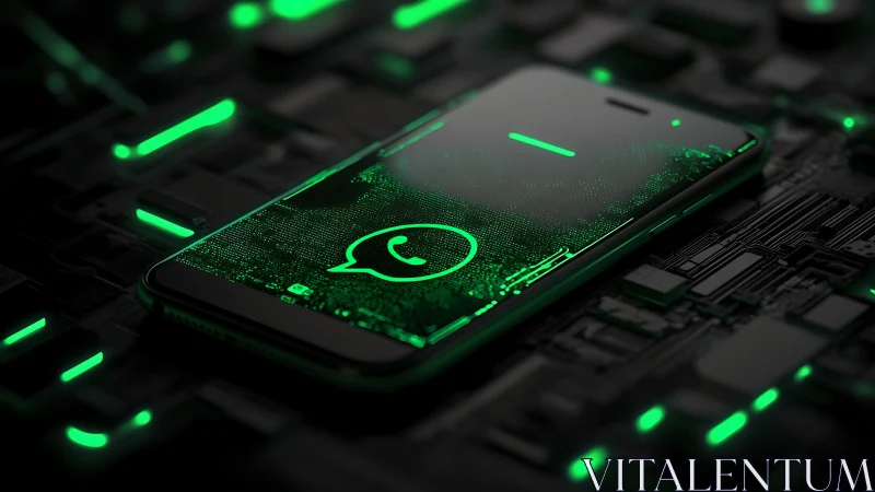 Encrypted chat icon glows over circuit board smartphone.