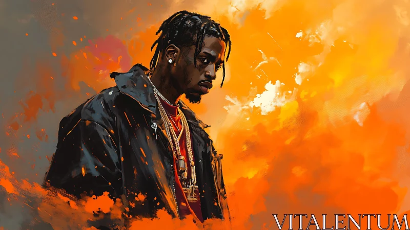 Digital portrait of pensive man in black jacket, warm blaze backdrop