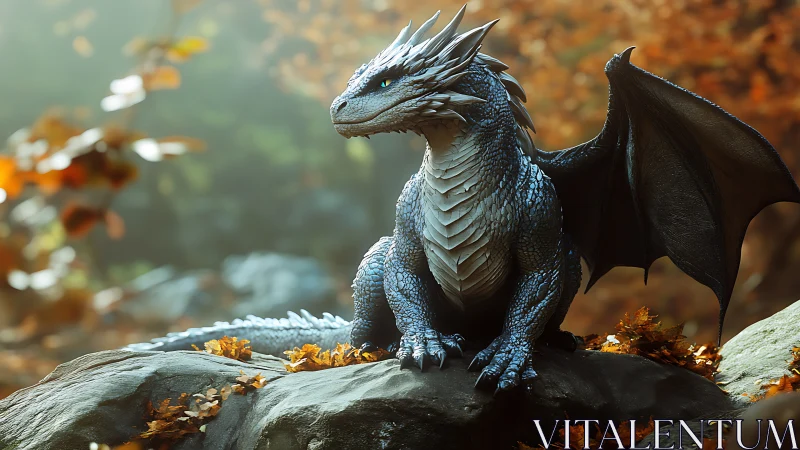 Gentle blue dragon rests proudly on a sunlit forest rock