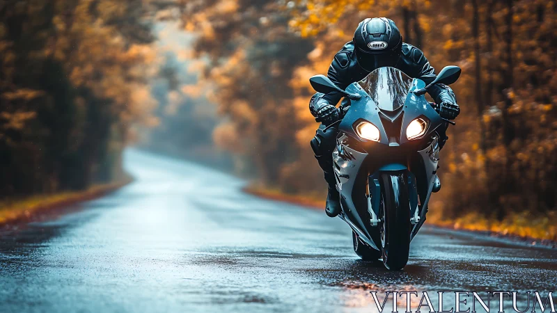 Sport motorcycle accelerates down wet forest road at dusk