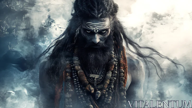 Mystic warrior ascetic emerges through swirling storm clouds.