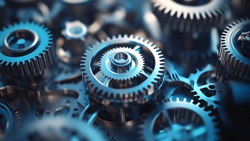 Intricate steel gears interlock in a cool industrial glow