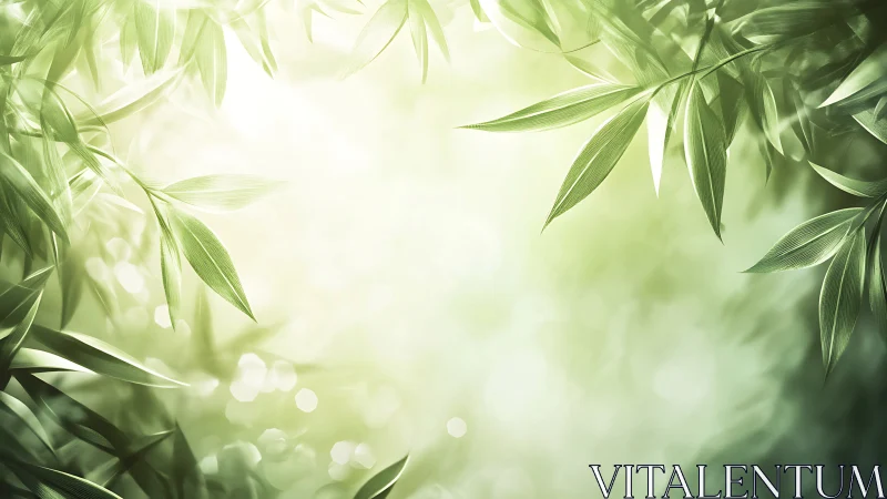 Green bamboo leaves frame soft glowing bokeh background
