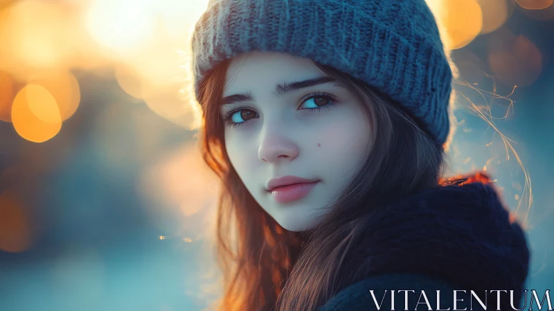 Winter portrait of young woman in soft golden bokeh light.