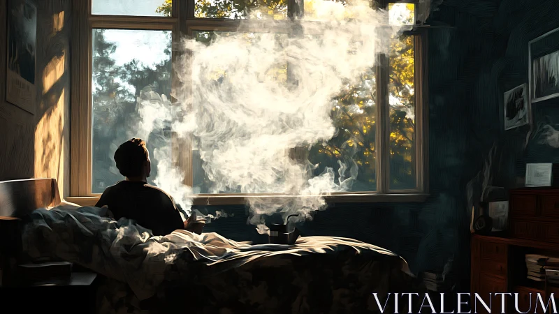 Solitary figure exhales swirling smoke in warm window light.