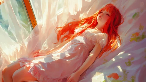 Sunlit chromatic repose of red-haired girl on cotton bed.