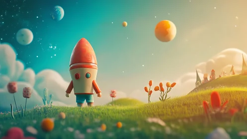 Playful rocket explorer wanders a dreamy alien meadow.