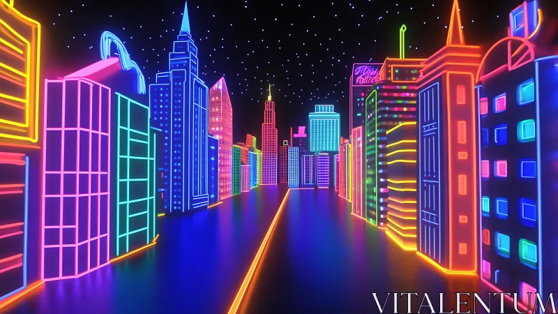 Neon-outline futuristic cityscape corridor under starfield sky