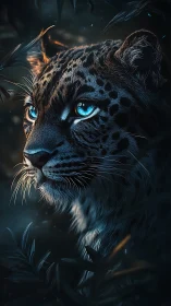 Leopard with bright blue eyes gazing directly forward in dark setting.