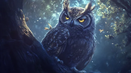 Majestic owl in moonlit forest, fantasy digital painting style.