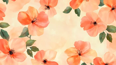 Peach orange floral pattern on light watercolor background.