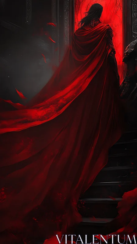 Crimson cloaked figure ascending obsidian stair toward bloodlit door