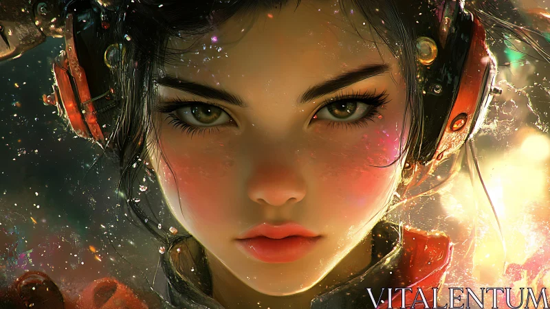 Glowing cyber girl gazes forward in dreamy neon light