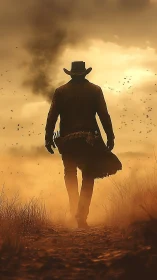 Dust-laced horizon swallows the lone gunslinger’s final stride