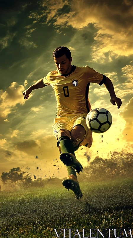 Dynamic football striker executing aerial volley under stormy sky.