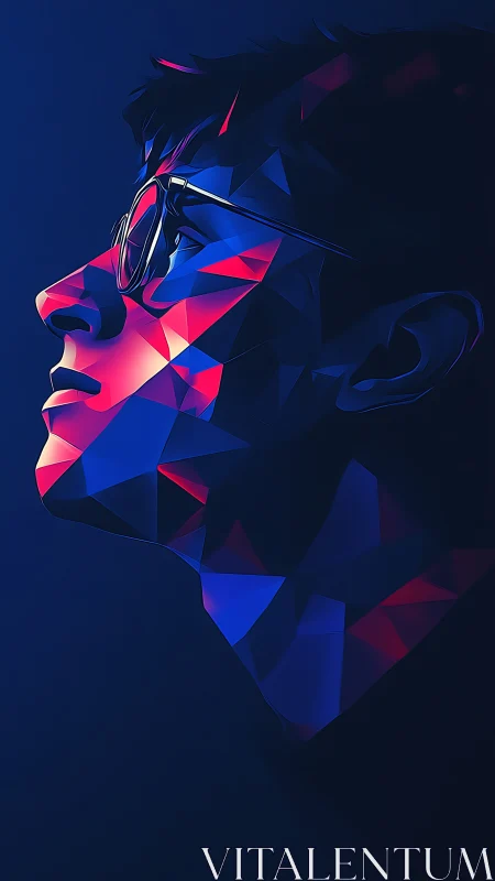 Prismatic portrait gazes upward in bold neon geometric light