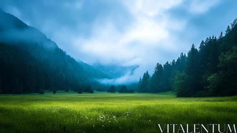 Foggy conifer forest framing bright green mountain meadow.