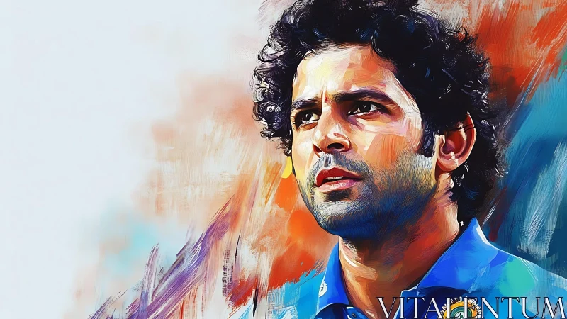 Intense cricketer portrait in vivid digital brushwork.