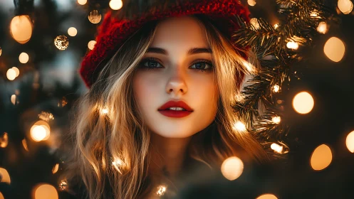 Bokeh-lit winter portrait with red knit hat and warm tonality.