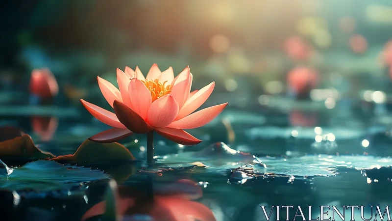 Sunlit pink water lily in shallow depth-of-field pond scene.