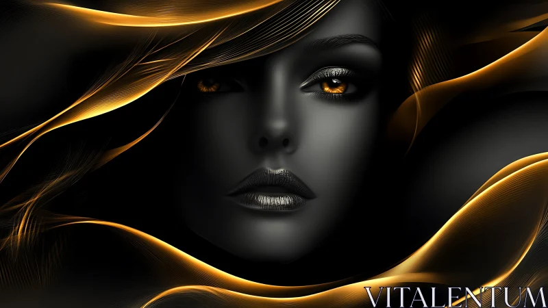 Golden currents frame a mysterious silver-lit portrait.