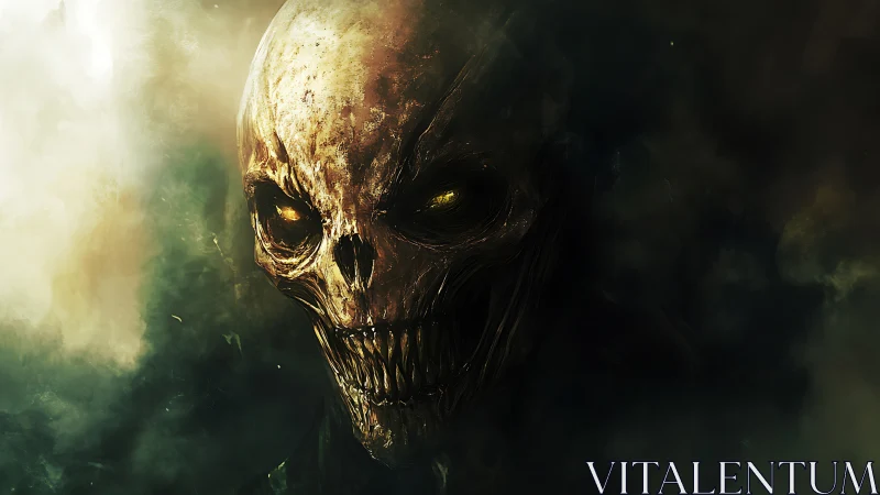 Sinister skeletal demon head emerging from dark smoke.