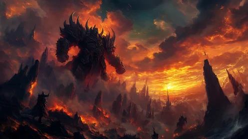 Colossal infernal warlord dominates molten wasteland horizon.