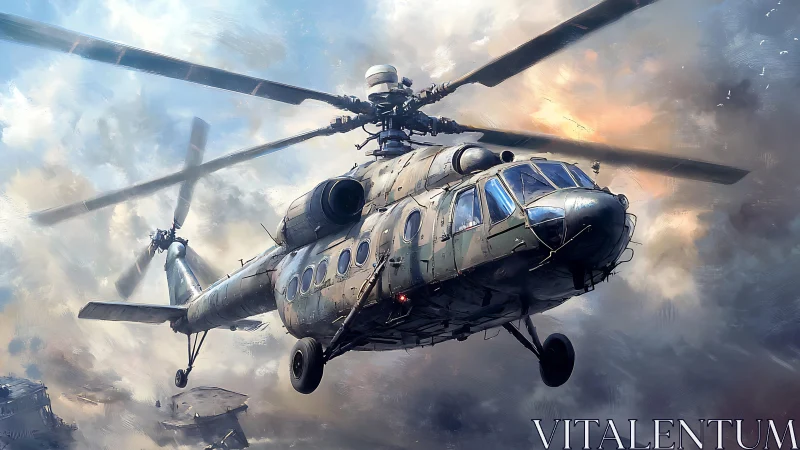 Military transport helicopter cuts through stormy urban sky