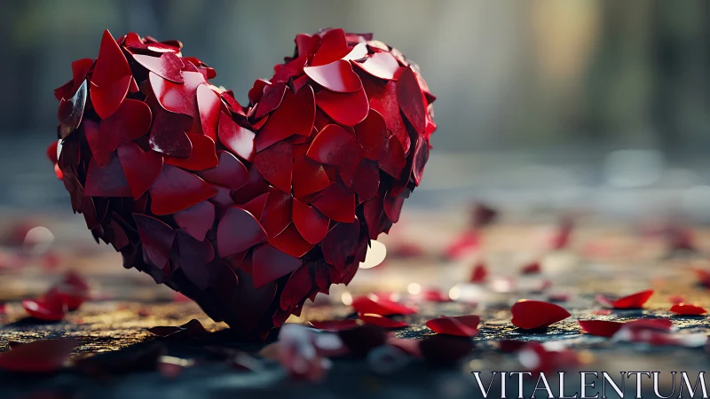Heart form composed of densely packed red petals on ground surface.