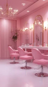 Luxury pink salon interior with chandeliers and mirrors.