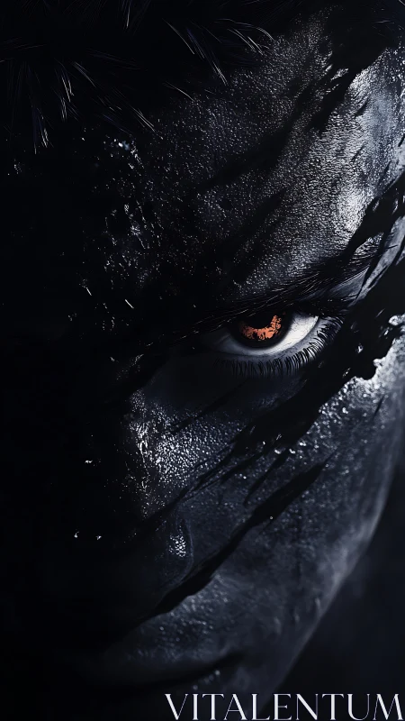 Burning eye pierces shadowed face with cracked darkness