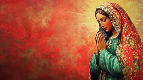 Devotional portrait of praying woman in ornate garments.