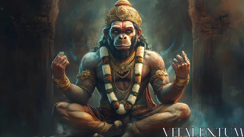 Divine monkey warrior in seated meditative pose artwork.